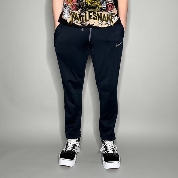 Nike Sweatpants Navy Blue Polyester Grey Embroidered Swoosh Therma-Fit - Picture 2 of 5